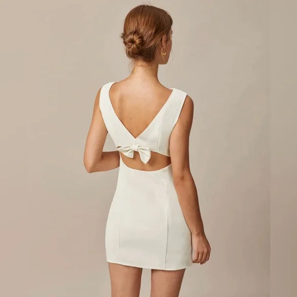 NWT RIHOAS The Beige Boat Neck Back Bowknot Mini Dress Sz S - Picture 3 of 7